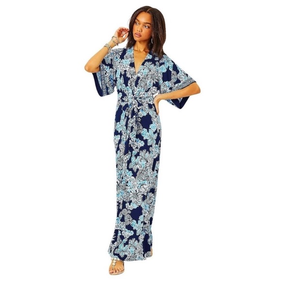 Lilly Pulitzer Wisteria V-Neck Maxi Dress in Low Tidy Navy NWT - Size 8 - Picture 2 of 11